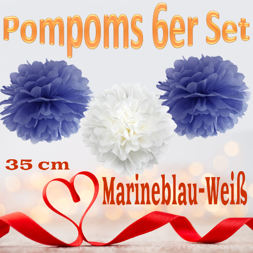 Pompoms-in-Marineblau-Weiss-35-cm-6er-Set