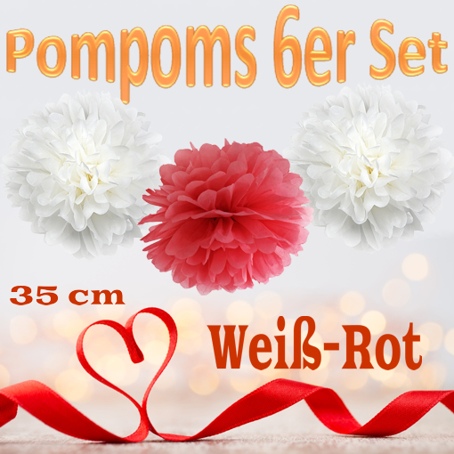 Pompoms-in-Weiss-Rot-35-cm-6er-Set