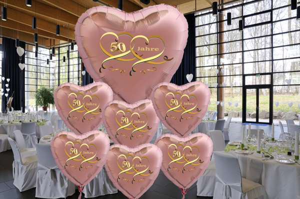 Roségoldene Herzluftballons zur goldenen Hochzeit, Bouquet mit Helium-Ballongas