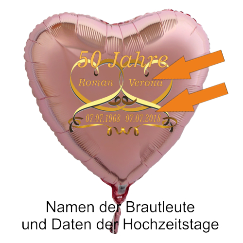 Roseegoldener-Herzballon-Goldene-Hochzeit-Namen-der-Brautleute-und-Daten-der-Hochzeitstage
