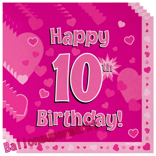 Servietten-Happy-10th-Birthday-Pink-Partydeko-Tischdekoration-zum-10-Geburtstag-Maedchen
