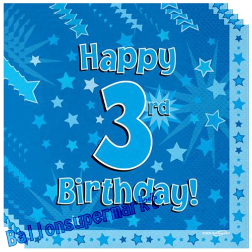 Servietten-Happy-3rd-Birthday-Blau-Partydeko-Tischdekoration-zum-3-Geburtstag-Junge
