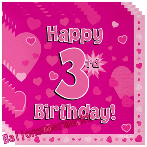Servietten-Happy-3rd-Birthday-Pink-Partydeko-Tischdekoration-zum-3-Geburtstag-Maedchen