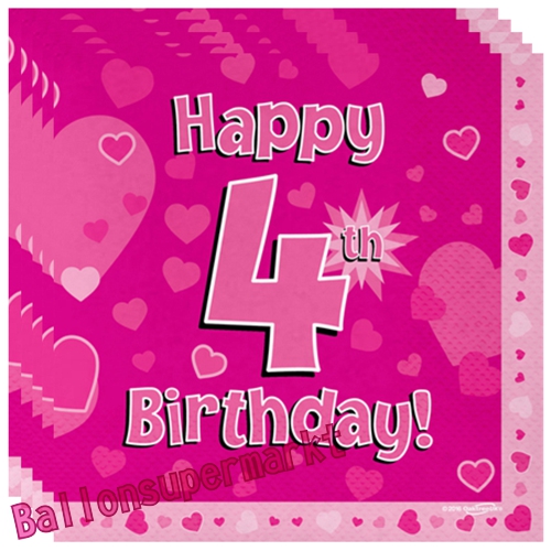 Servietten-Happy-4th-Birthday-Pink-Partydeko-Tischdekoration-zum-4-Geburtstag-Maedchen