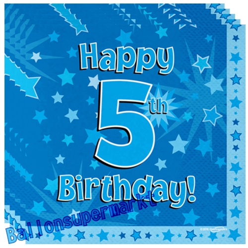 Servietten-Happy-5th-Birthday-Blau-Partydeko-Tischdekoration-zum-5-Geburtstag-Junge