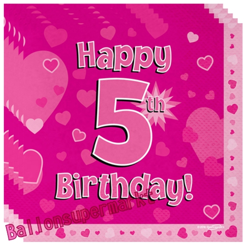 Servietten-Happy-5th-Birthday-Pink-Partydeko-Tischdekoration-zum-5-Geburtstag-Maedchen