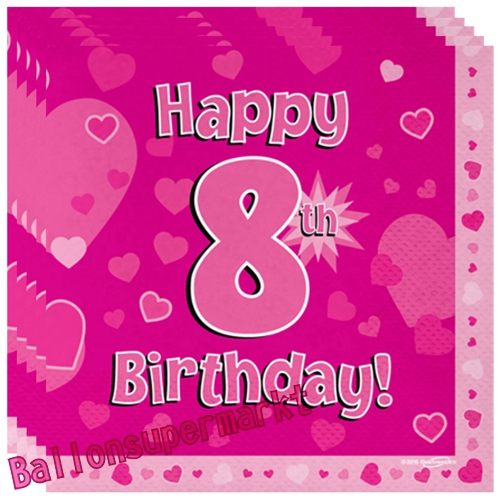 Servietten-Happy-8th-Birthday-Pink-Partydeko-Tischdekoration-zum-8-Geburtstag-Maedchen