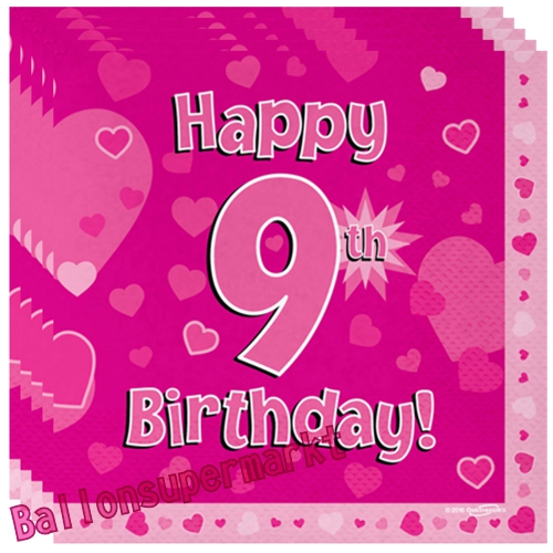 Servietten-Happy-9th-Birthday-Pink-Partydeko-Tischdekoration-zum-9-Geburtstag-Maedchen