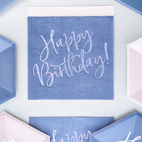 Servietten-Happy-Birthday-Blau-Silber-holografisch-Partydekoration-zum-Geburtstag-Tischdekoration-Dekobeispiel