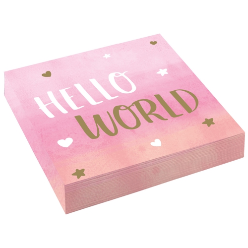 Servietten-Hello-World-Rosa-Partydekoration-zu-Geburt-Taufe-Babyparty-Maedchen-Girl