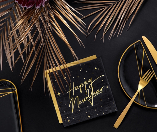 Servietten-Silvester-Happy-New-Year-Golden-Sparkle-Black-Partydekoration-Neujahr-Tischdeko-Dekobeispiel