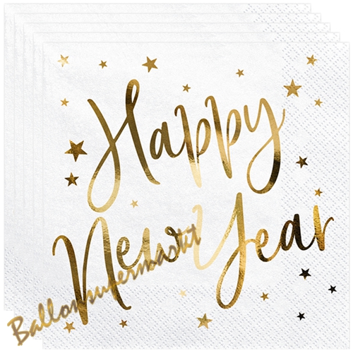 Servietten-Silvester-Happy-New-Year-Golden-Sparkle-White-Partydekoration-Neujahr-Tischdeko