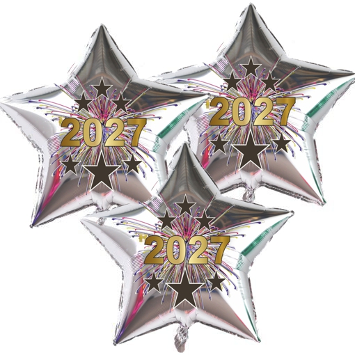 Dekoration zu Silvester mit Luftballons aus Folie, 3 silberne Sternballons, 2027 Dekoration zu Silvester mit Luftballons aus Folie, 3 silberne Sternballons, 2027