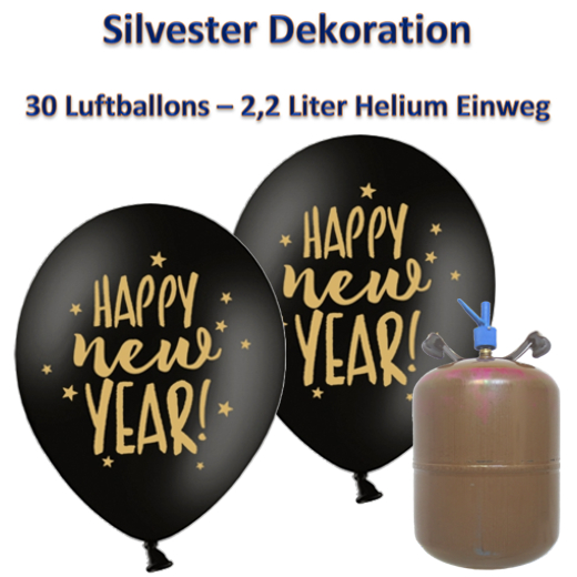 Dekoration zu Silvester mit Luftballons in Schwarz-Gold "Happy New Year"