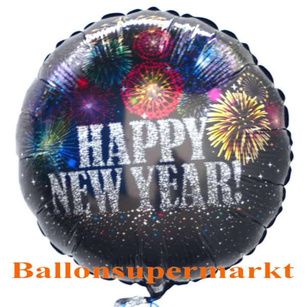 Silvester Luftballon, Silvester Dekoration, Folienballon mit Ballongas, Happy New Year Feuerwerk