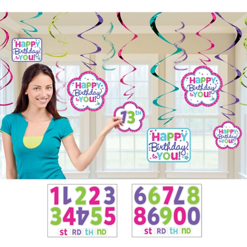 Swirl-Dekoration-Happy-Birthday-Add-an-age-pink-teal-Dekoration-Geburtstag-Fest-Feier-Partydeko