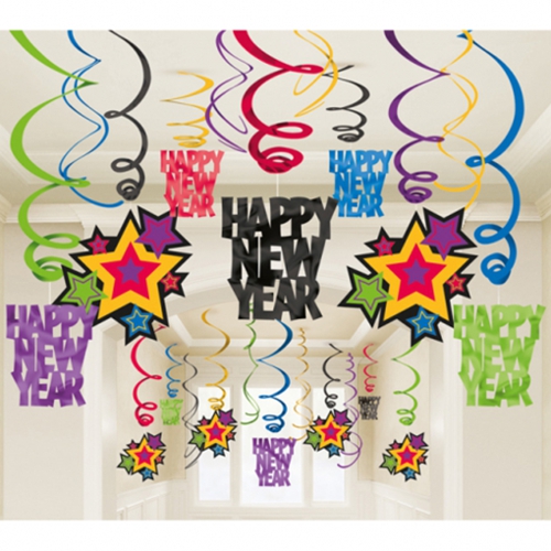 Swirl-Dekoration-Happy-New-Year-bunt-Raumdeko-zu-Silvester