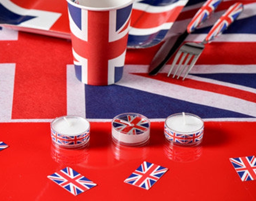 Teelichter-England-Dekoration-Mottoparty-England-Tischdeko-Kerzen-Grossbritannien-Union-Jack-Dekobeispiel