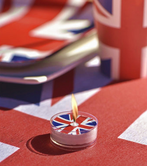 Teelichter-England-Dekoration-Mottoparty-England-Tischdeko-Kerzen-Grossbritannien-Union-Jack-Dekorationsbeispiel