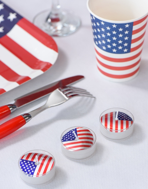 Teelichter-USA-Dekoration-Mottoparty-Amerika-Tischdeko-Kerzen-Vereinigte-Staaten-Dekobeispiel