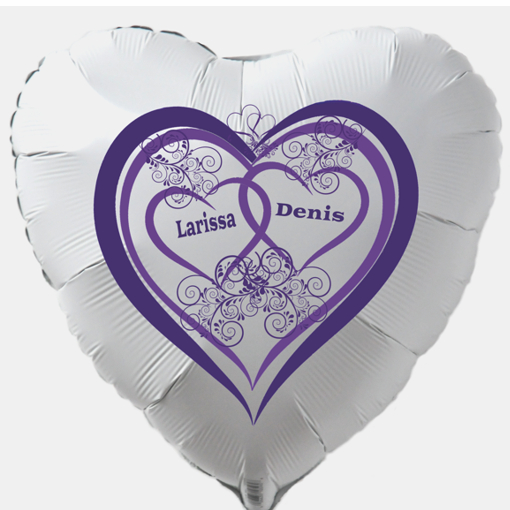 Weisser-Herzluftballon-aus-Folie-mit-Namen-der-Braut-und-des-Braeutigams-Herz-in-Lila-mit-Ornamenten-inklusive-Ballongas