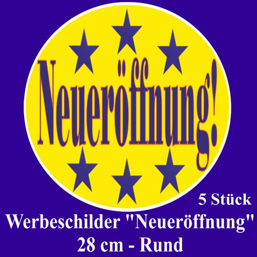 Neueroeffnung-Werbeschilder-5-Stueck-28-cm-Rund-Gelb