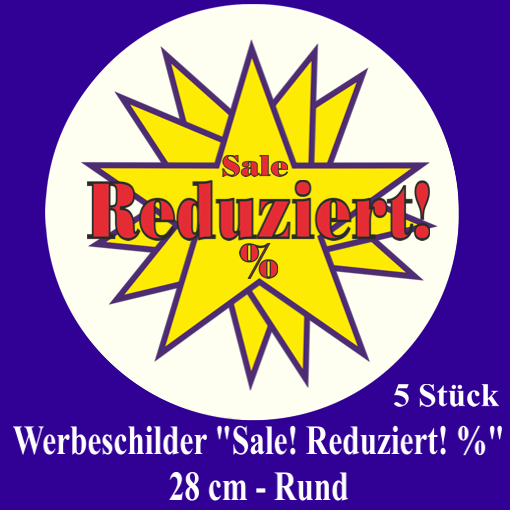 Werbeschilder-Sale-Reduziert! %-5-Stueck-28-cm-Rund