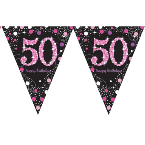 Wimpelkette-Pink-Celebration-50-zum-50.-Geburtstag-Fest-Geburtstagsparty-Partydekoration-Geburtstagsdeko