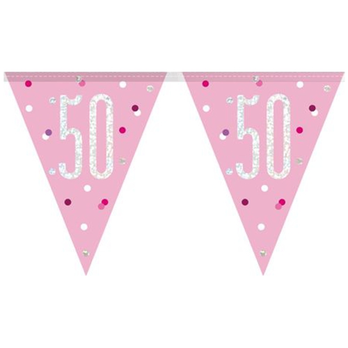 Wimpelkette-Pink-and-Silver-Glitz-50-holografisch-Dekoration-zum-50.-Geburtstag
