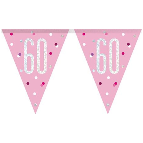 Wimpelkette-Pink-and-Silver-Glitz-60-holografisch-Dekoration-zum-60.-Geburtstag