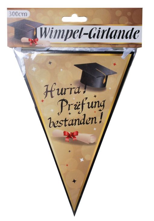 Wimpelkette-Hurra-Pruefung-bestanden-Raumdekoration-Girlande-Abitur-Diplom-Gesellenpruefung-Fuehrerschein