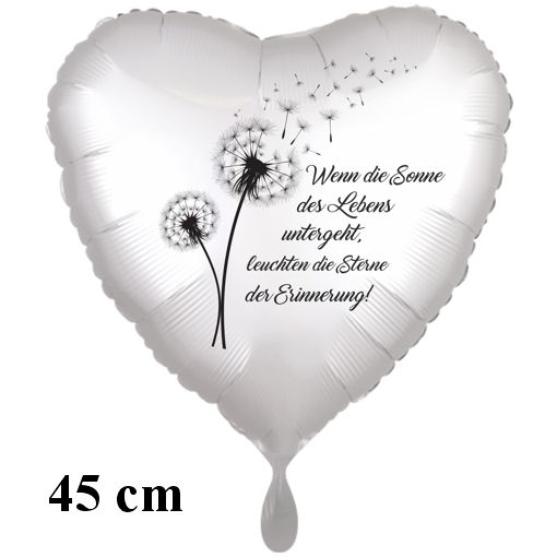 Wenn die Sonne des Lebens untergeht, leuchten die Sterne der Erinnerung! Herzluftballon, satinwei&szlig;, 45 cm, inklusive Helium