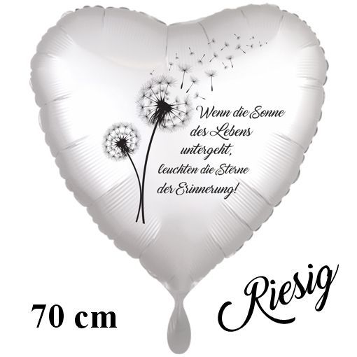 Wenn die Sonne des Lebens untergeht, leuchten die Sterne der Erinnerung! Herzluftballon, satinwei&szlig;, 45 cm, inklusive Helium