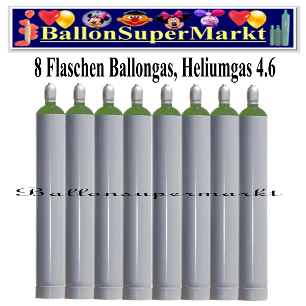 Acht Flaschen Ballongas, 50 Liter, Helium 4.6, Ballonsupermarkt-Lieferservice NRW
