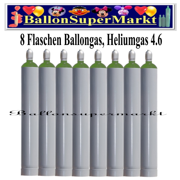 Acht Flaschen Ballongas, 50 Liter, Helium 4.6, Ballonsupermarkt-Lieferservice NRW