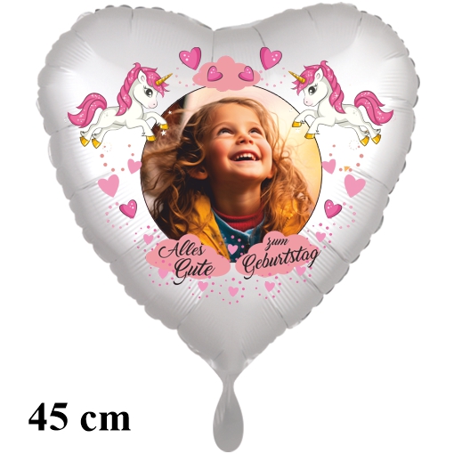 Fotoballon Kindergeburtstag Einhorn, Herz, 45 cm, Alles Gute zum Geburtstag