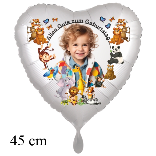 Fotoballon Kindergeburtstag Zootiere, Herz, 45 cm, Alles Gute zum Geburtstag