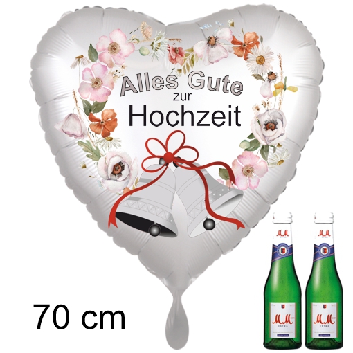 Hochzeitsglückwünsche: Riesiger Herzluftballon Alles Gute zur Hochzeit, Hochzeitsglocken und 2 MM Piccolos