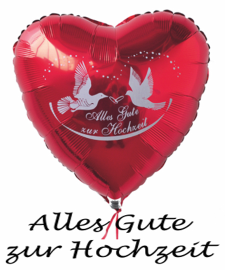 Hochzeits-Luftballon, roter Herzballon mit dem Aufdruck: Alles Gute zur Hochzeit, Hochzeitsringe und Tauben