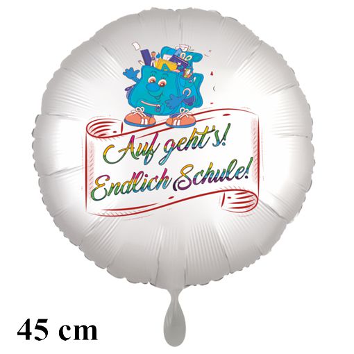 Auf geht's! Endlich Schule! Satinweißer Rund-Luftballon aus Folie, 45 cm