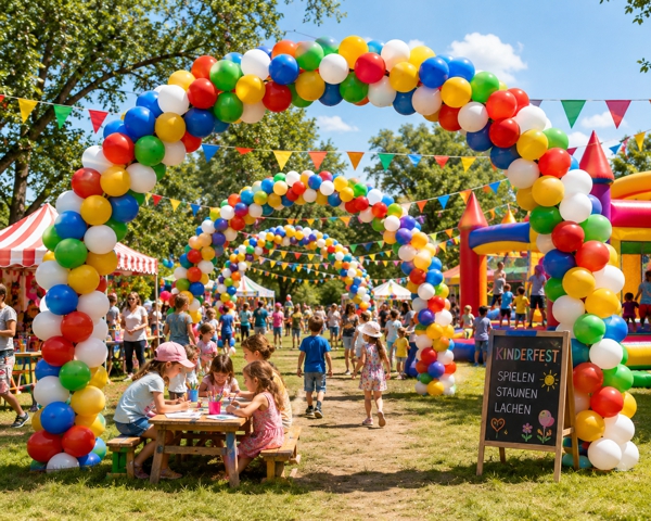 Ballongirlanden in den Farben Rot, Gelb, Wei&szlig;, Blau, Gr&uuml;n auf dem Kinderfest