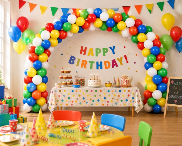 Girlande aus Luftballons Rot, Blau, Gelb, Wei&szlig;, Gr&uuml;n auf dem Kindergeburtstag