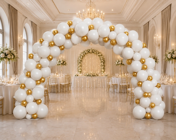 Girlande aus Luftballons Wei&szlig;-Gold im Hochzeitssaal