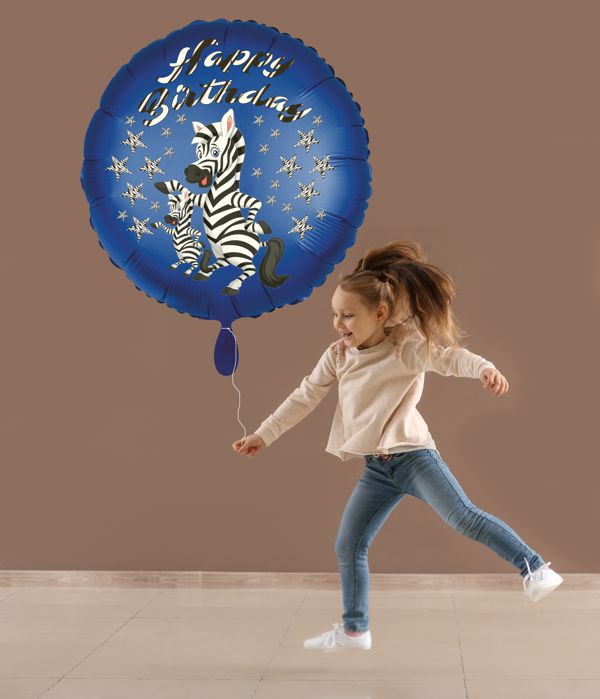 Ballongruss: Großer Luftballon aus Folie mit Happy Birthday Zebra