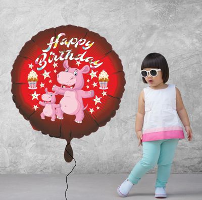 Ballongruß zum Kindergeburtstag: Happy Birthday Nilpferd, großer Luftballon aus Folie mit Helium