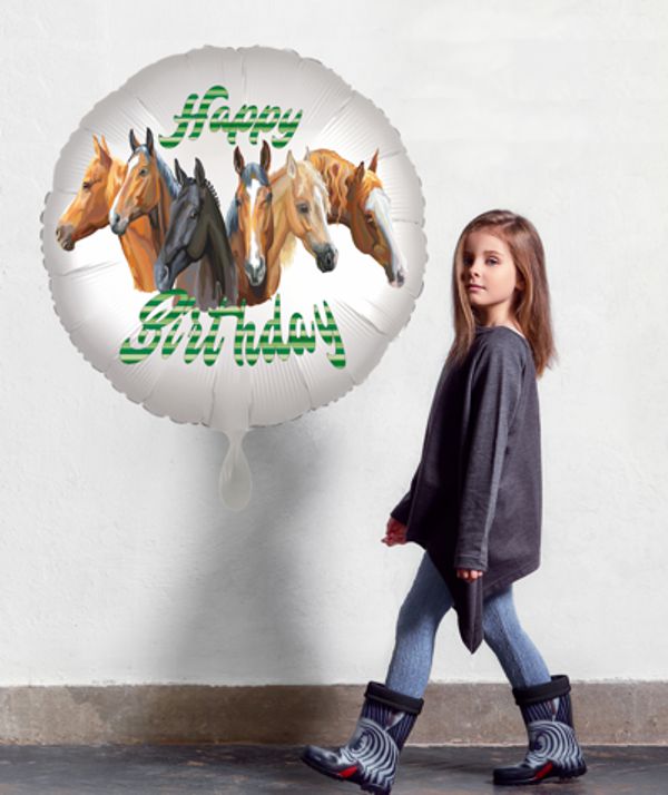 Ballongruss: Luftballon aus Folie mit Happy Birthday Pferde
