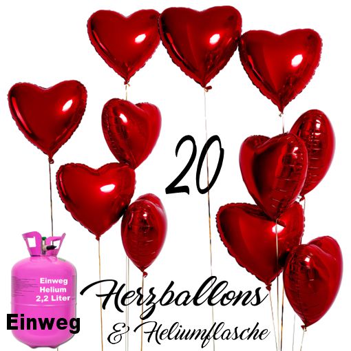 20 rote Herzballons mit Heliumflasche