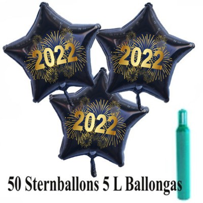 Silvesterdeko 2022 Ballons Helium Set, 50 Sternballons aus Folie, Komplett-Set mit Helium Ballongas