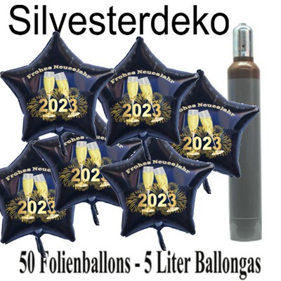 Dekoration-Silvester-2023-50-Sternballons-Champagner-und-Feuerwerk