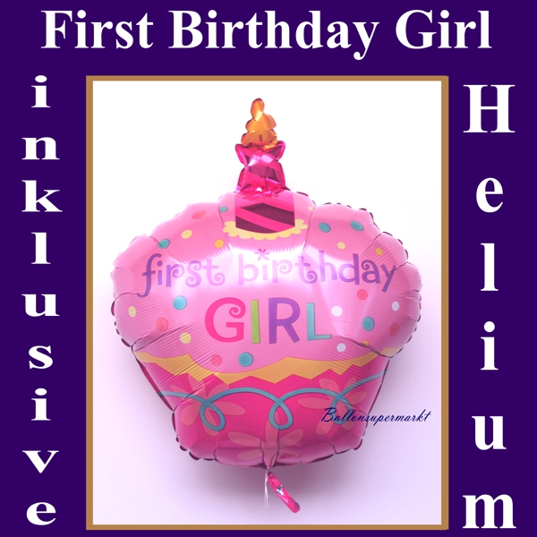 Kleiner Kuchen als Luftballon zum 1. Geburtstag eines Mädchens, großer Ballon mit Helium